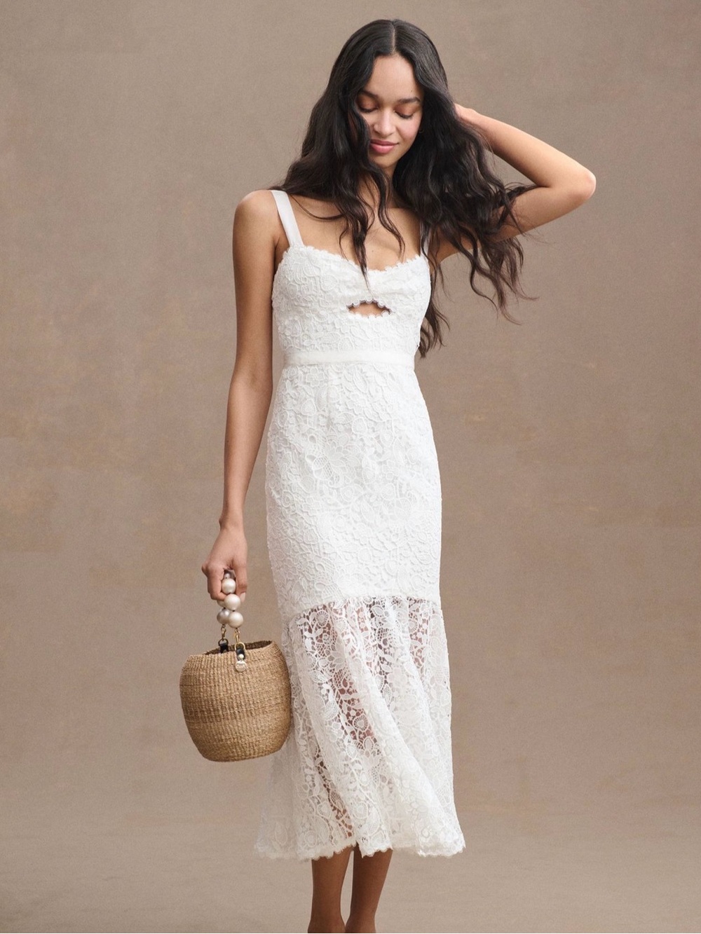 Free People Saylor White Leslie Midi Dress with Flared Lace Hem